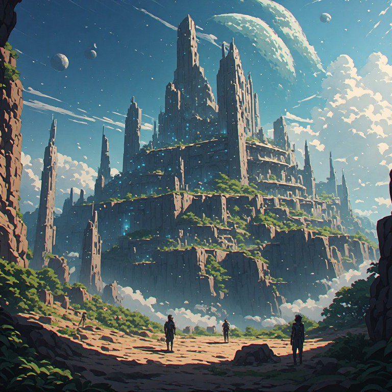 Epic ancient fortress rises from terraced cliffs beneath a starry sky with distant planets.