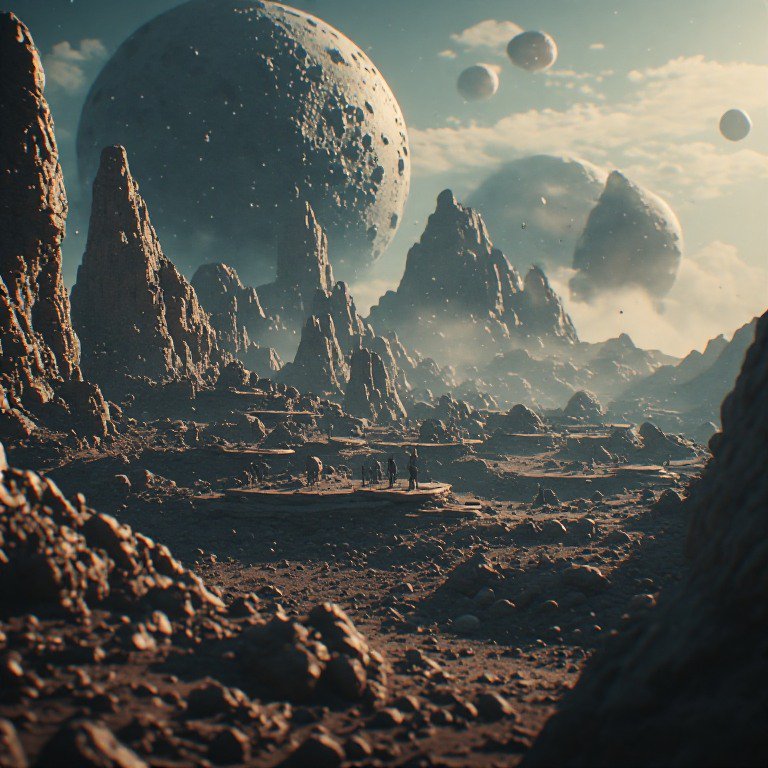 A surreal alien landscape with jagged rock spires, a giant cratered moon and distant planets in a...