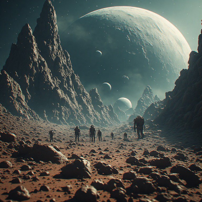Astronauts explore a rocky alien landscape with jagged cliffs and multiple moons in the sky.
