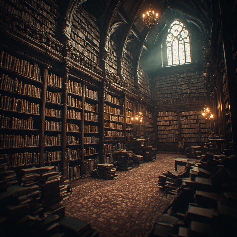 Dark Gothic library interior with towering wooden shelves, chandeliers, and a stained-glass window.