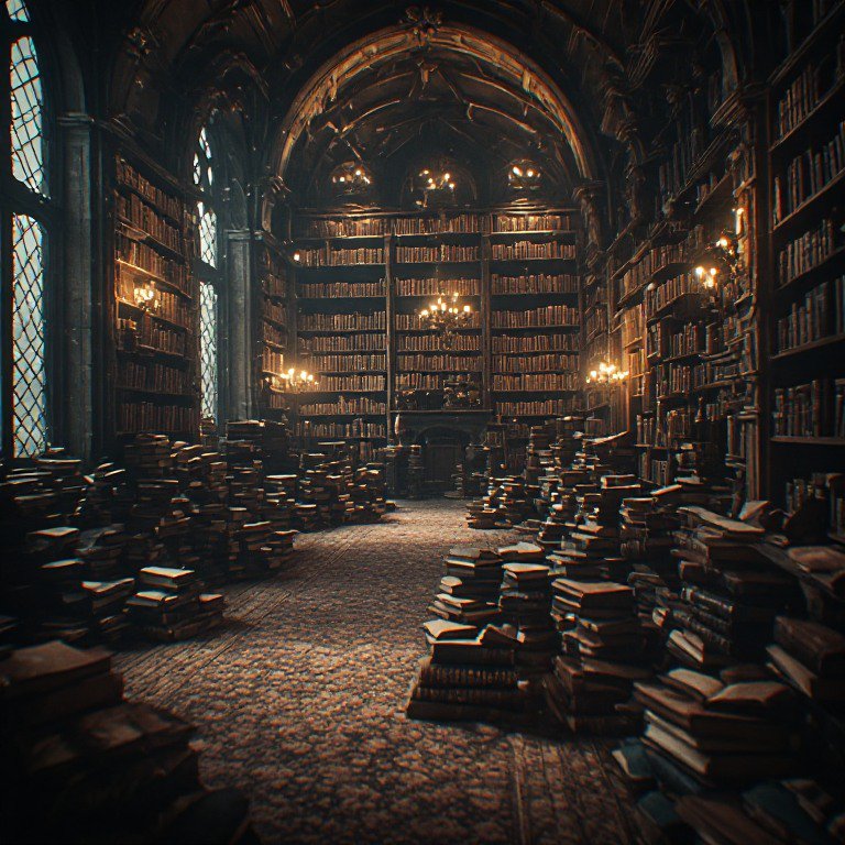 Dark gothic library with towering bookshelves and chaotic stacks of old books bathed in candlelight.
