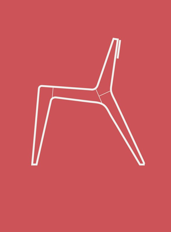 Minimalist white line drawing of a modern chair on a red background
