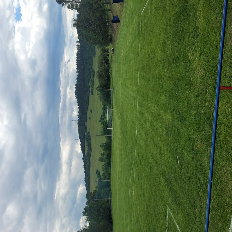 Well-maintained natural grass soccer field with goalpost, backed by forested rolling hills under ...