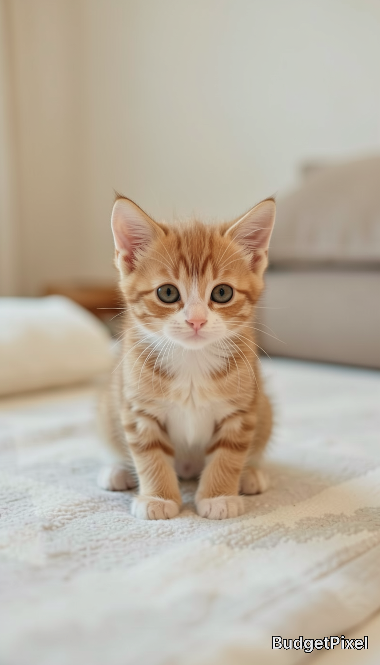 Tiny orange tabby and white kitten sits upright staring directly at the viewer from a soft bed