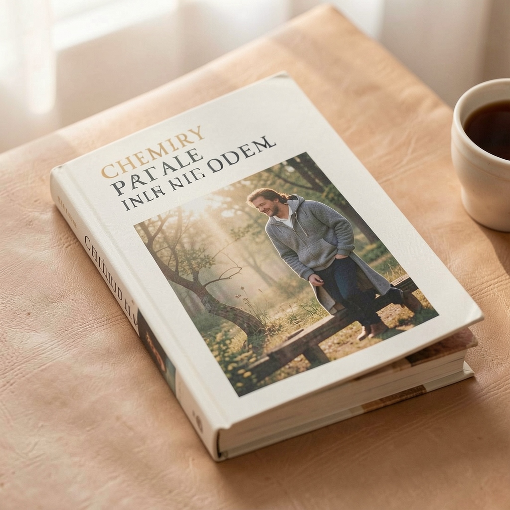 Hardcover book with AI-generated cover art rests beside a coffee cup on a sunlit leather table