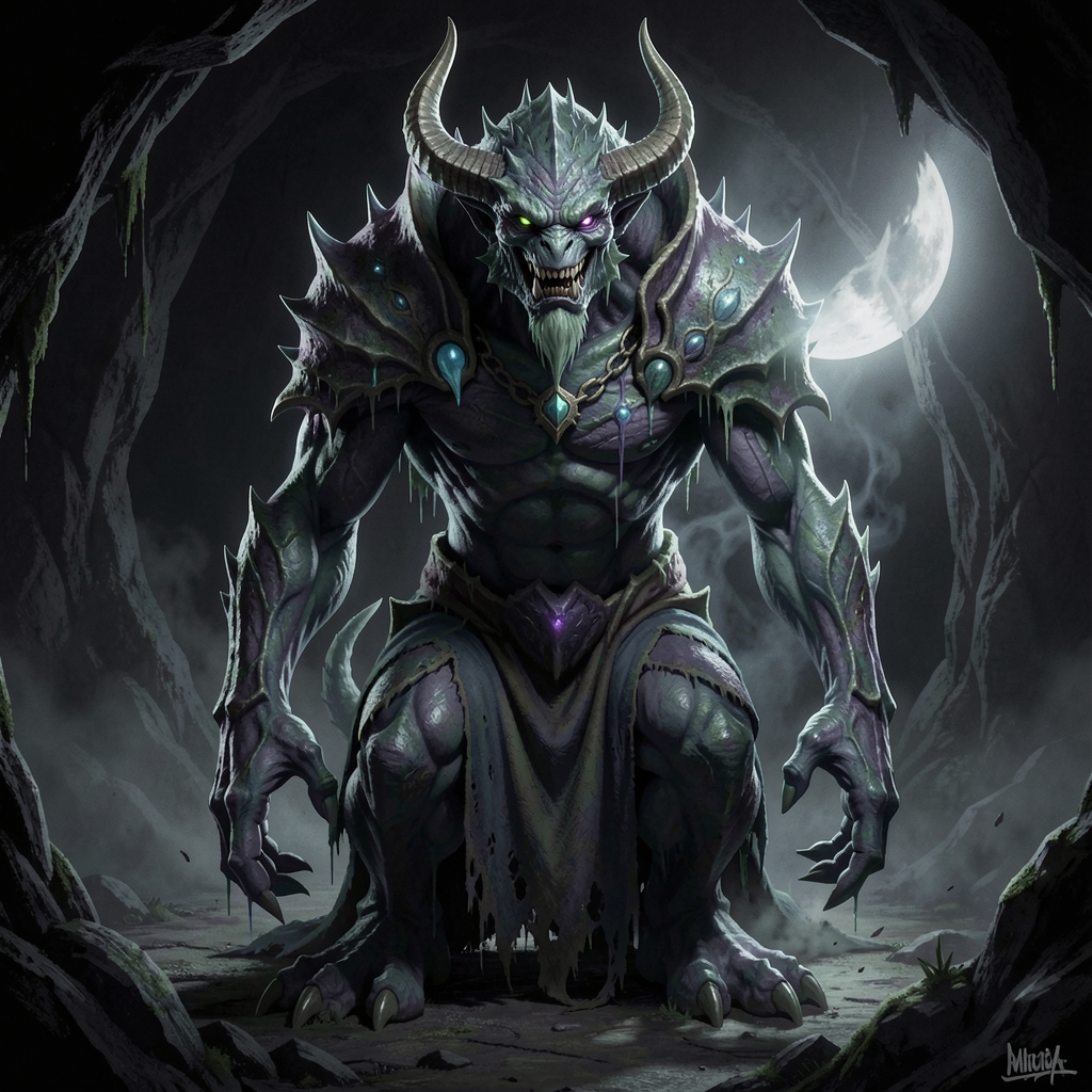 Menacing horned demon lord with glowing mismatched eyes stands in a misty moonlit cave