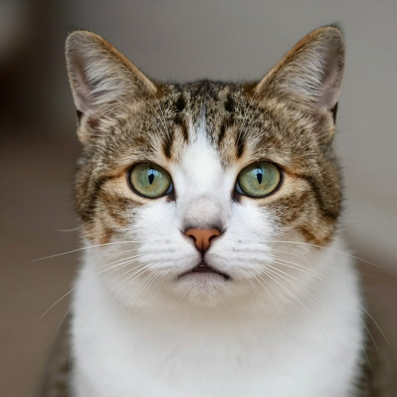 Close up portrait of a tabby and white domestic cat with bright green eyes staring directly at th...
