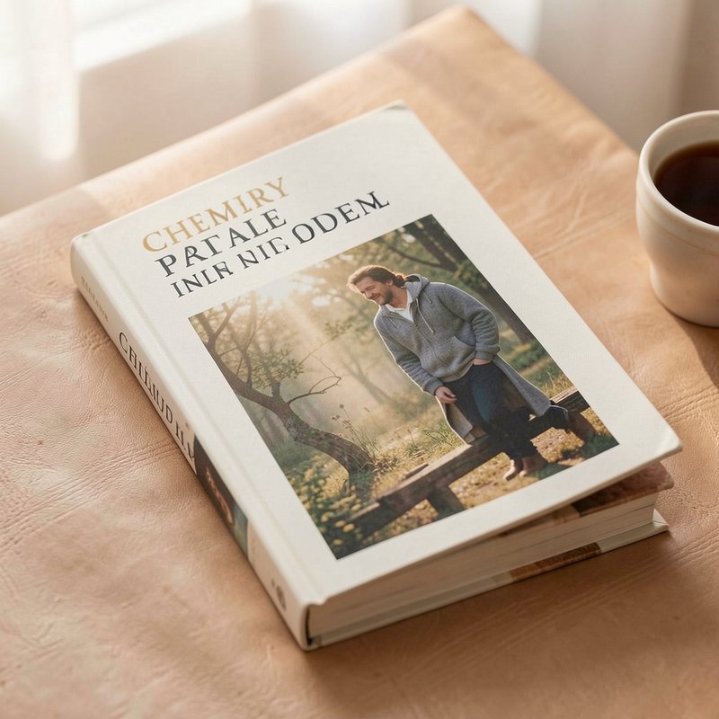 Hardcover book with AI-generated cover art rests beside a coffee cup on a sunlit leather table