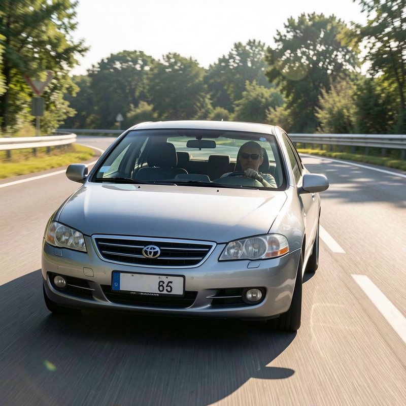 Man in sunglasses driving a silver Toyota sedan on a sunlit tree-lined paved road