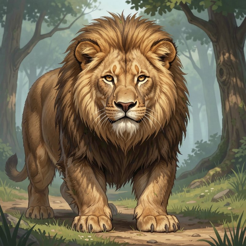 Majestic maned male lion walking toward the viewer on a misty forest path