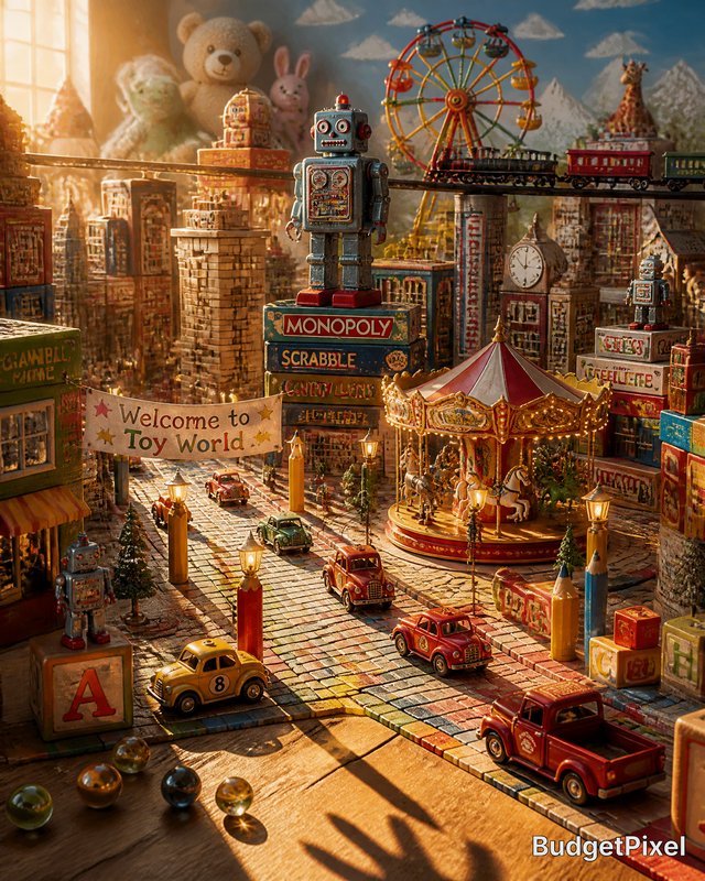Whimsical toy town with vintage buildings, a carousel, ferris wheel, and colorful toy cars in a w...