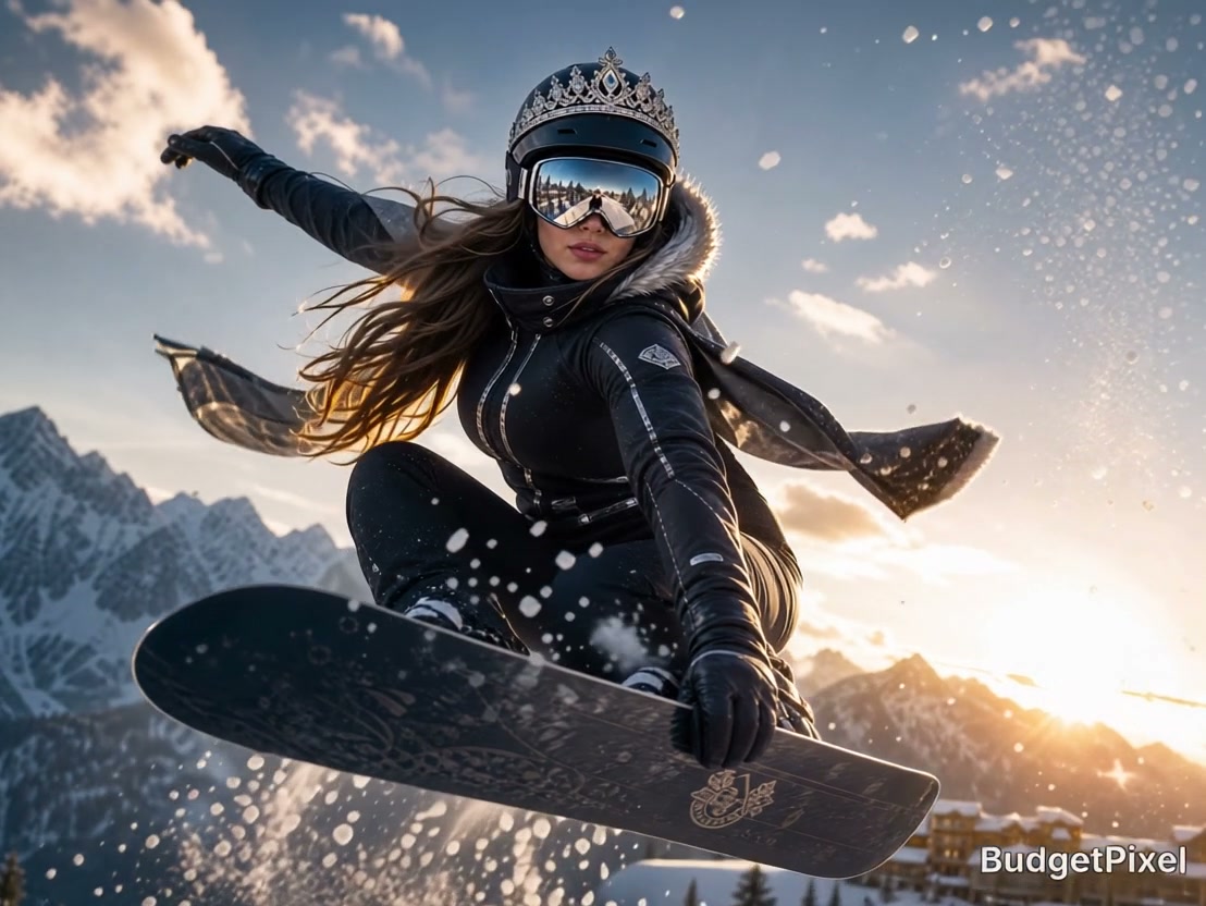Snowboarder in black gear with crown helmet mid-air jump against snowy mountains.