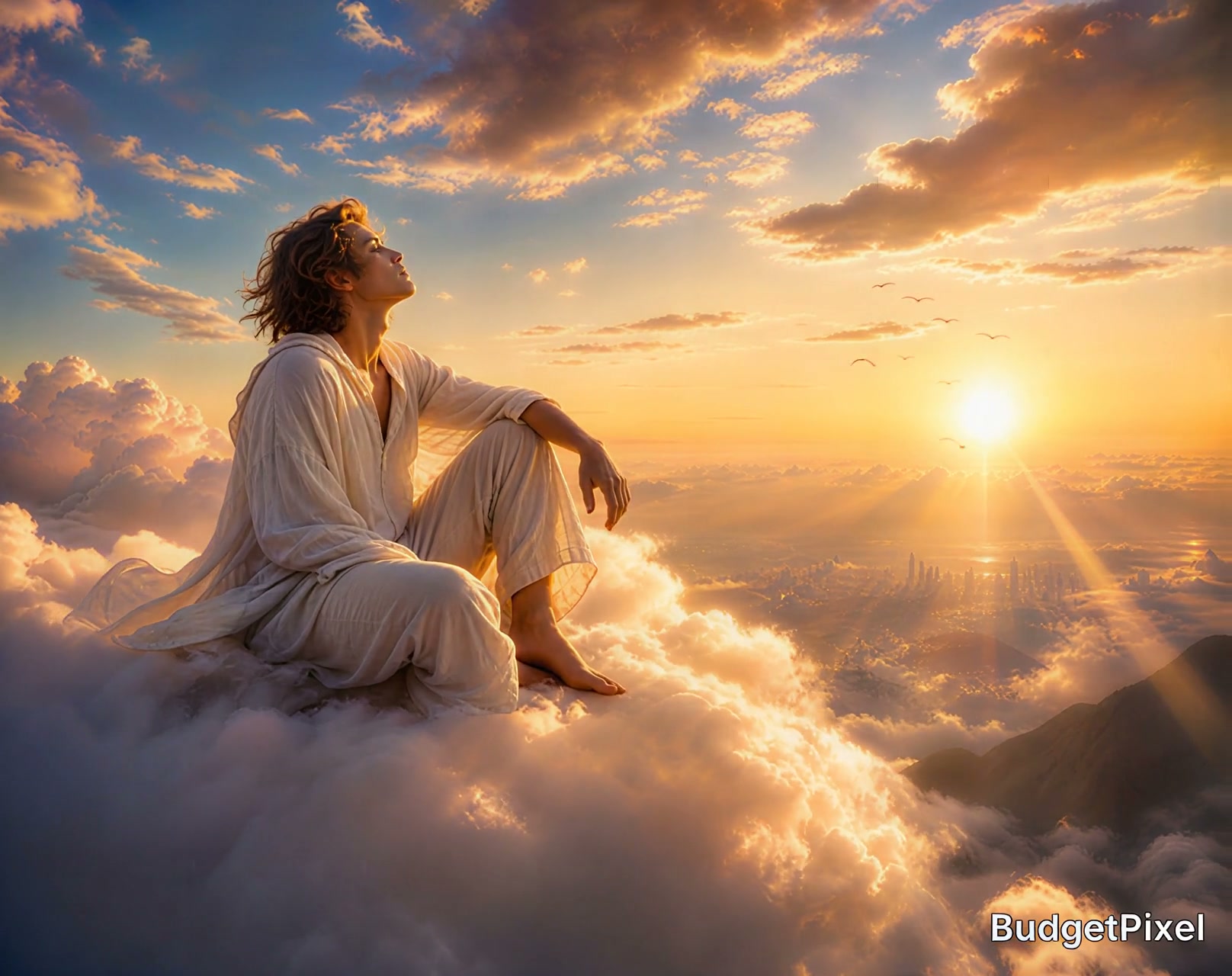 Person sits on fluffy clouds at sunset, gazing toward a golden sunrise.
