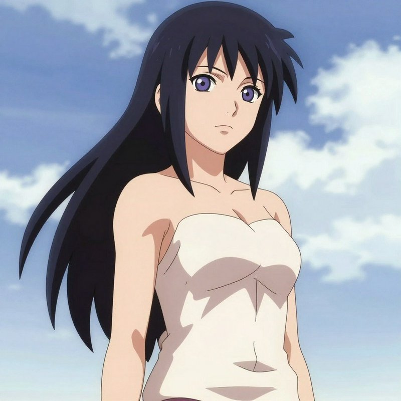 Anime-style woman with long dark hair and purple eyes in a strapless white dress at the beach.