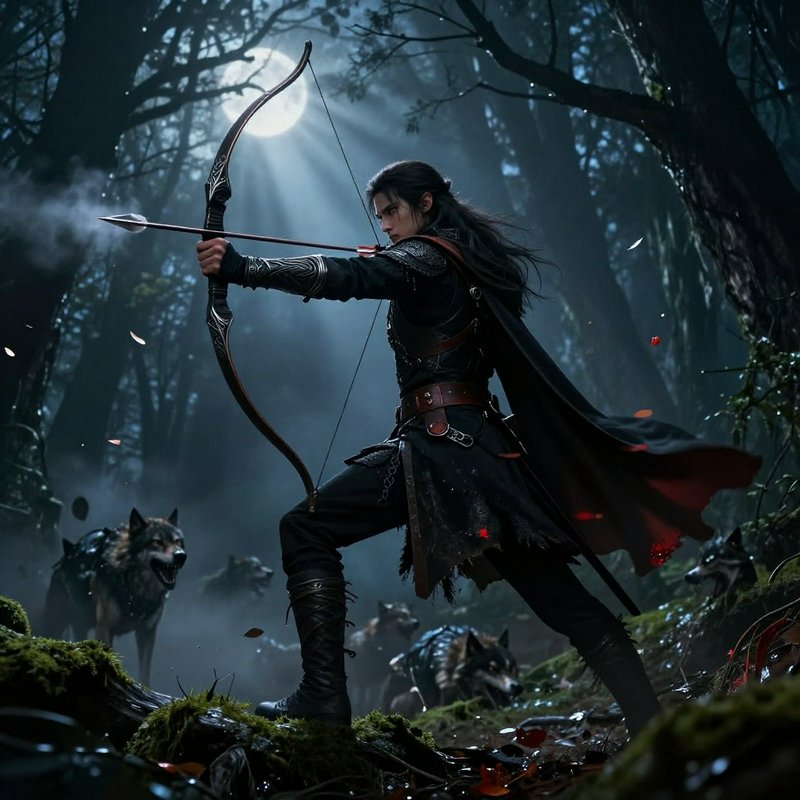 Female archer in dark armor draws a bow in a moonlit forest, with wolves nearby.
