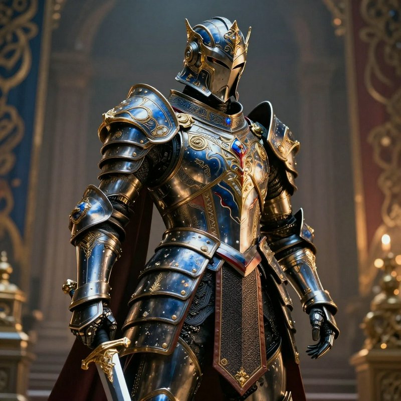 Colorful ornate blue-and-gold knight in full plate armor with cape in a grand hall