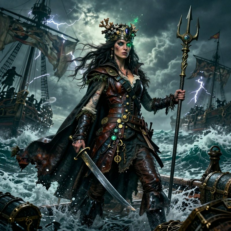 Pirate queen warrior in armor with crown, standing in a stormy sea among ships.