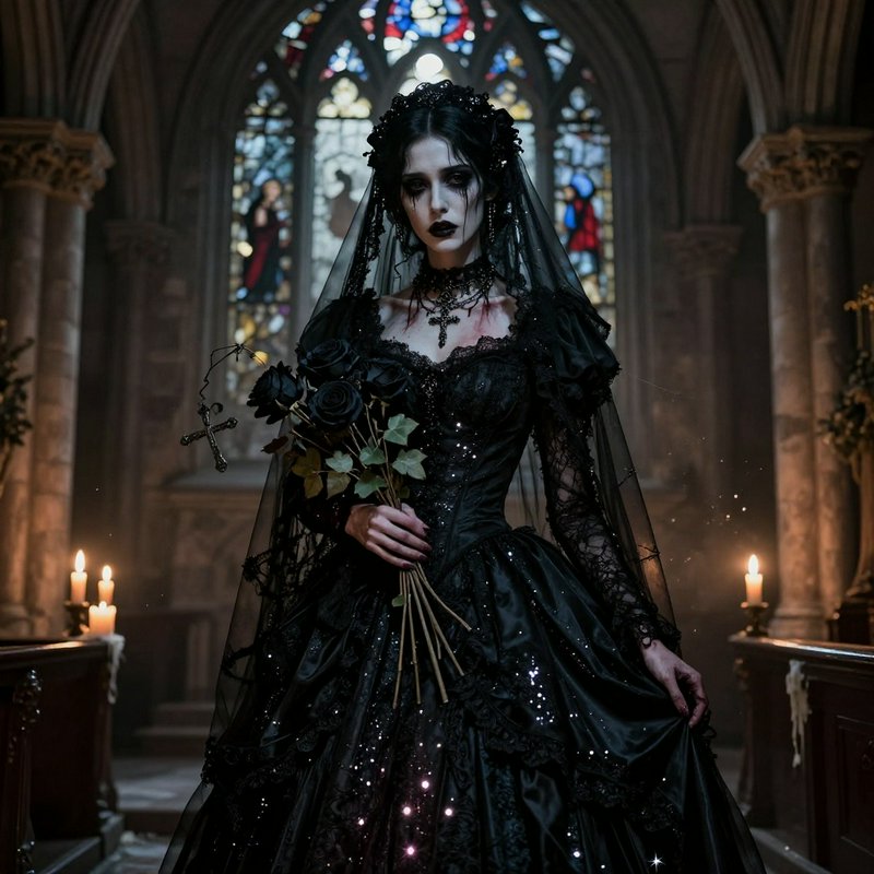 Gothic bride in a black Victorian gown holding roses inside a church with candles and stained glass.