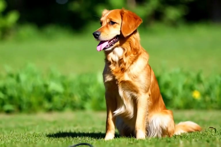Golden retriever sitting in a sunny green field with tongue out.