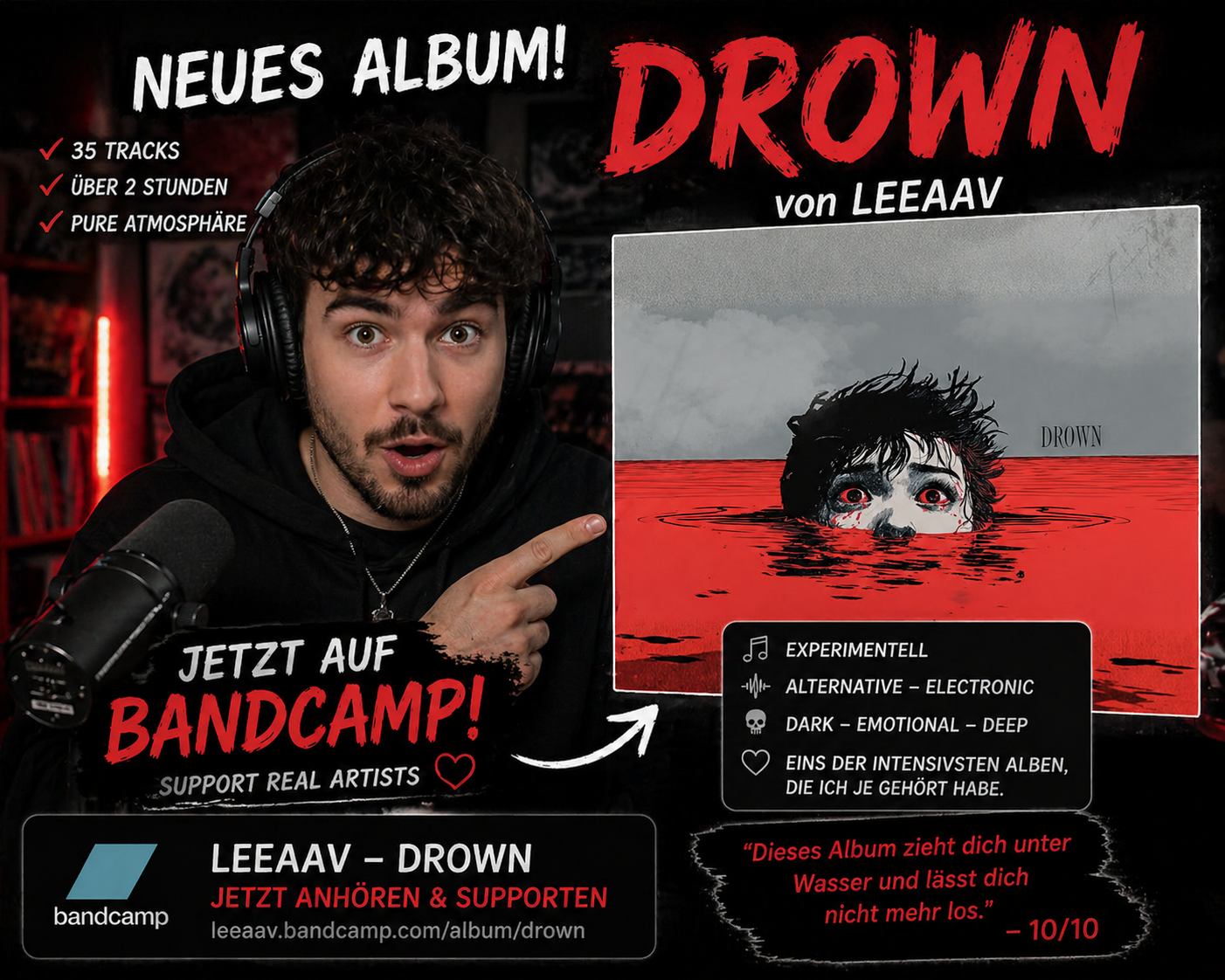 Person wearing headphones points to a promotional album poster with bold red "DROWN" text.