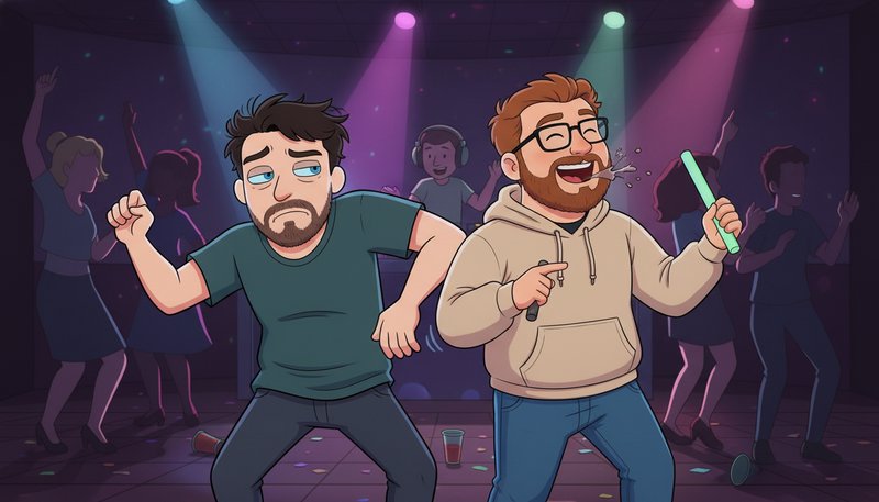 Two men dancing at a club, one tired and sad while the other sings with a glow stick under colorful stage lights.