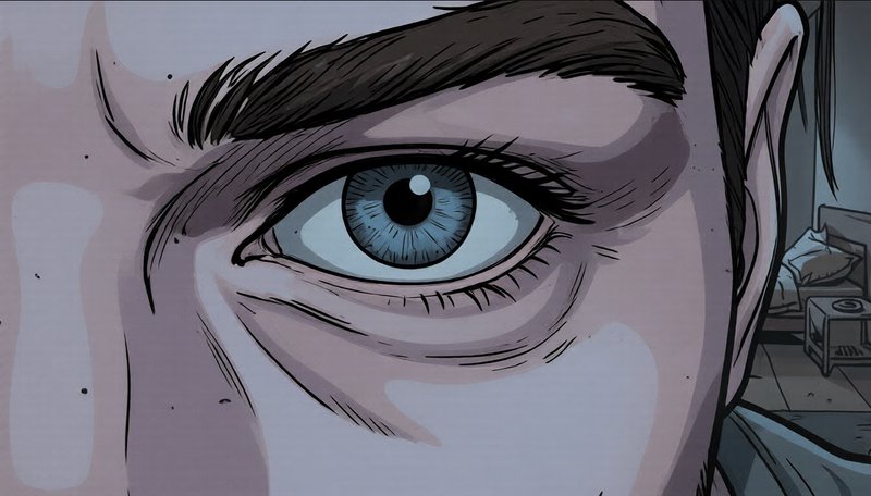 Close-up of a blue human eye in a comic-style illustration with detailed lashes and skin shading.