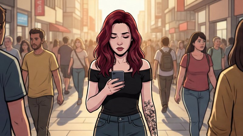 Illustrated woman with red hair scrolling on her smartphone in a crowded city street