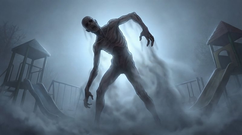Tall eerie zombie-like creature in a misty playground at night.