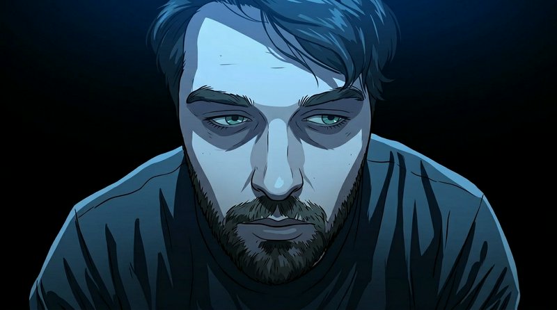 Close-up illustration of a bearded man in blue-toned shadows, looking downward with a somber expression.