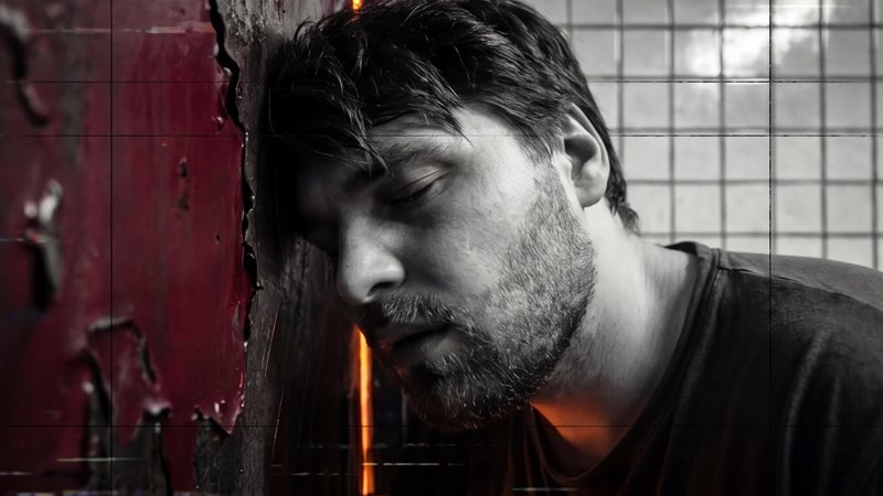 Bearded man leans his head against a peeling red wall in a moody black-and-white portrait with a warm orange glow.