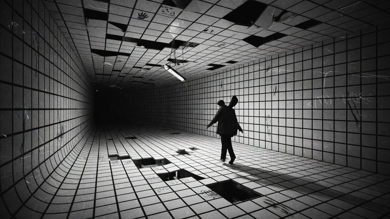 Black-and-white tunnel with tiled walls and floor, featuring a lone figure walking toward a dark, empty void.