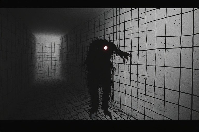 Dark humanoid figure with a single red eye in a grid-tiled tunnel, eerie monochrome horror scene