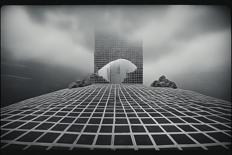 Monochrome surreal scene with a grid-patterned plaza leading to a tall rectangular building with a circular opening.
