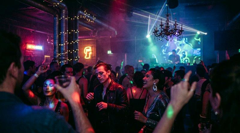 A crowded nightclub dance floor with colorful neon lights and a DJ booth in the background.
