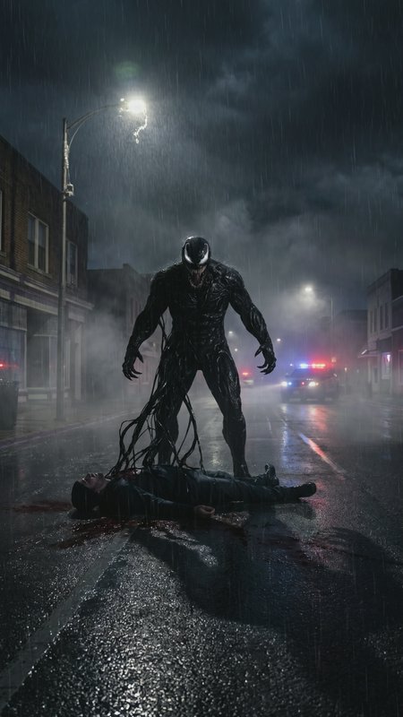 Dark street at night with a sinister Venom-like creature towering over a lifeless body in the rain.