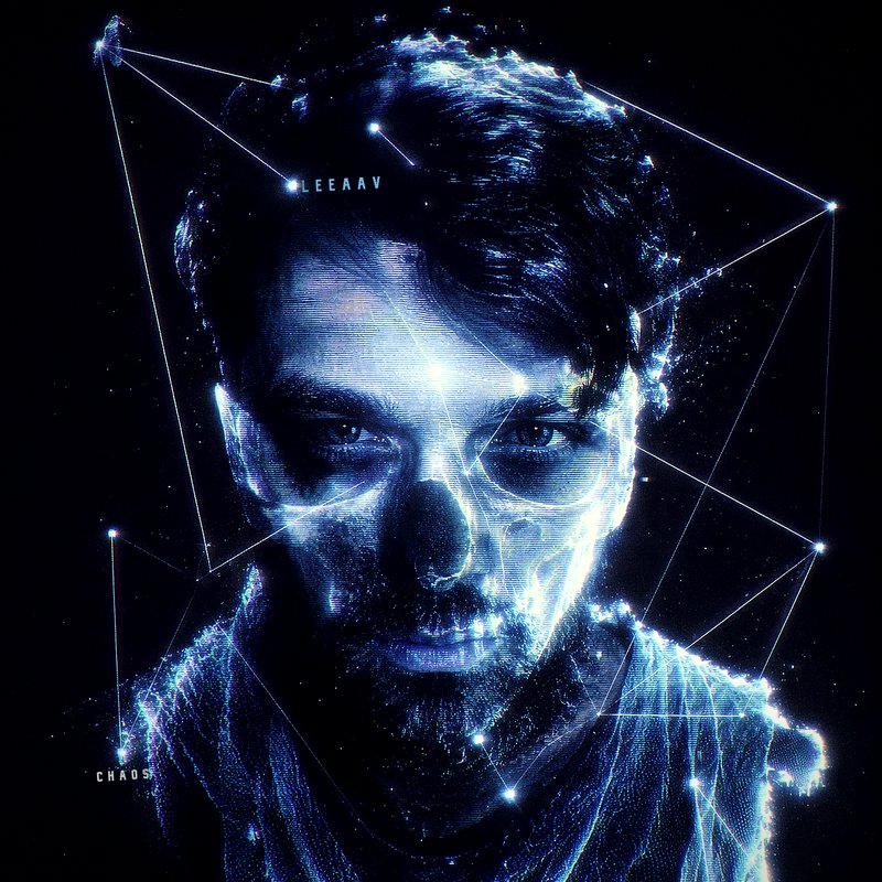 Neon-lit futuristic portrait with geometric lines and blue glow surrounding a man's face.