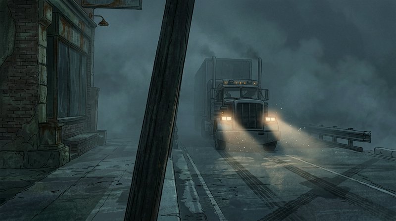 Foggy night scene of a large truck driving toward the viewer on a desolate highway with a leaning...