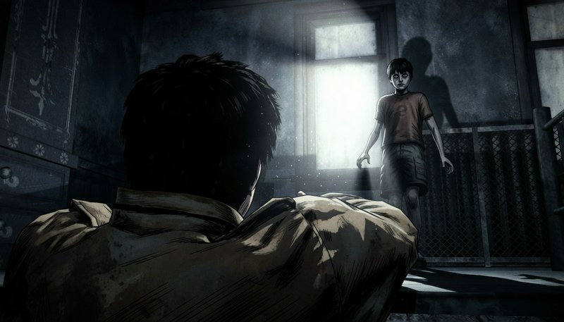 A dark, moody scene of a man on the floor reaching toward a wary boy in a doorway.