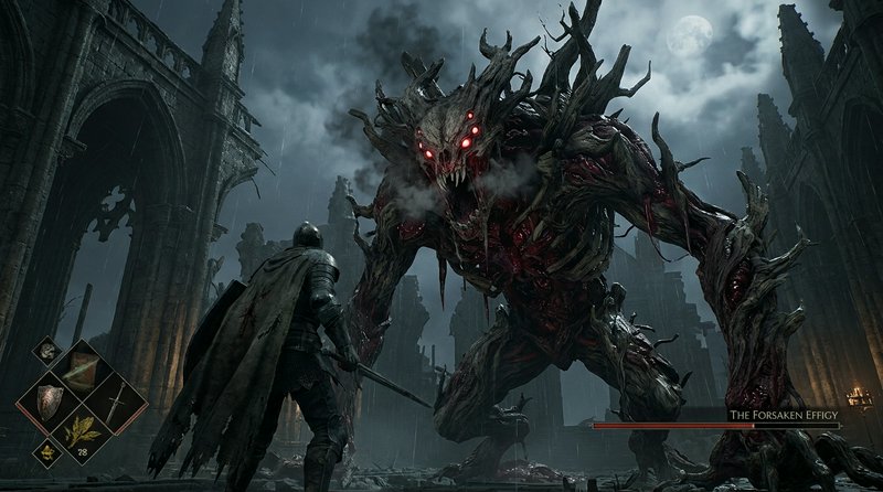 Knight in dark armor battles a towering, tree-like demon with red eyes in a ruined cathedral at n...