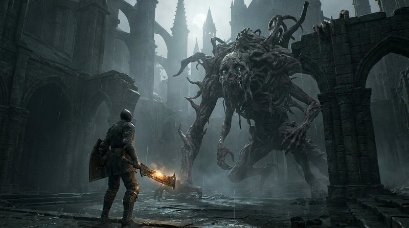 Armored knight facing a colossal tentacled monster in a ruined gothic hall.