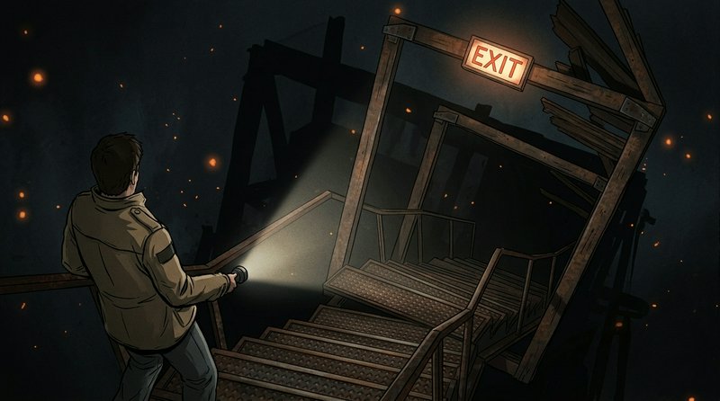 Person with flashlight in a dark, burning ruin descending a metal staircase under an EXIT sign.