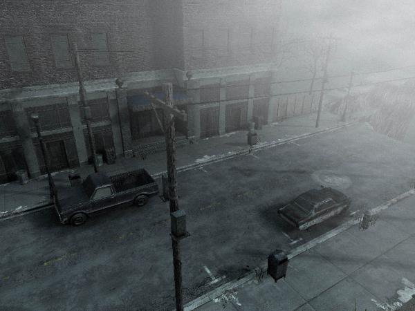 Foggy urban street scene with parked cars and vintage streetlights in gray mist.