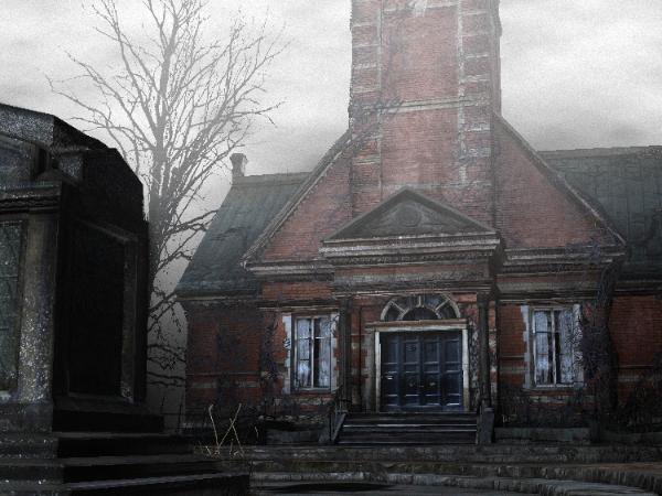 Abandoned brick mansion with arched entrance and foggy, eerie atmosphere.