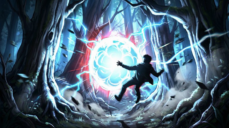 Silhouette fleeing a glowing magical portal in a dark forest.