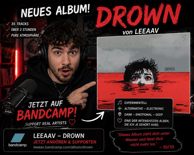 Person wearing headphones points to a promotional album poster with bold red "DROWN" text.