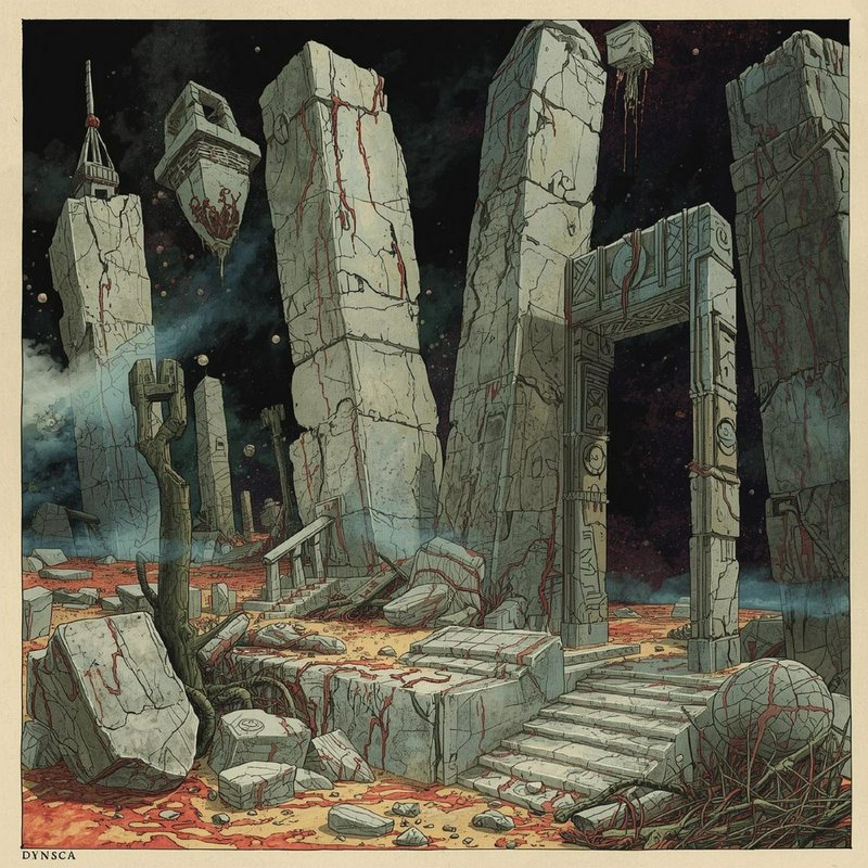 Ancient ruined stone archway with towering columns in a cracked desert under a starry night.