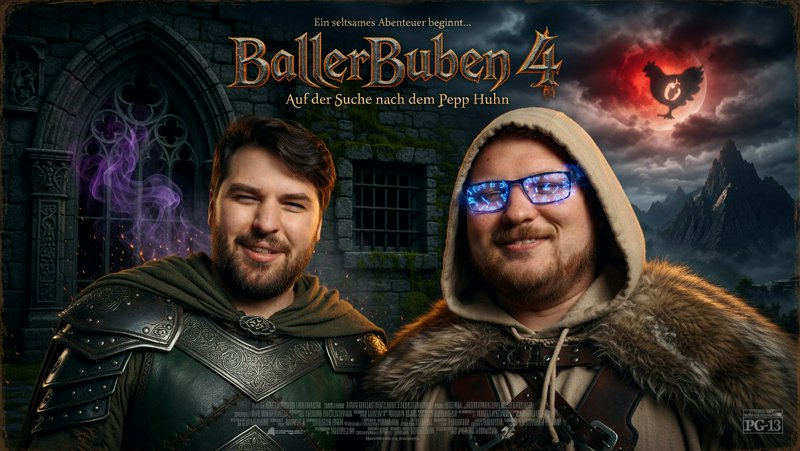 Two bearded men in fantasy costumes pose as a humorous movie poster, with medieval backdrop and g...