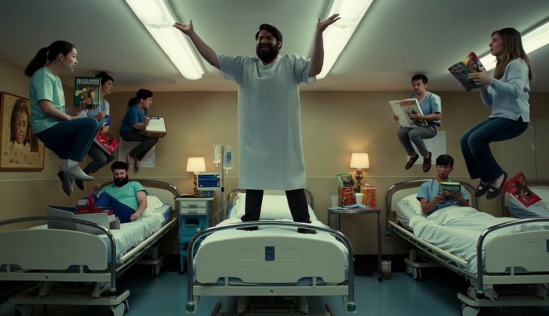 Man in hospital gown stands on a bed with arms raised as others float around on beds in a playful...