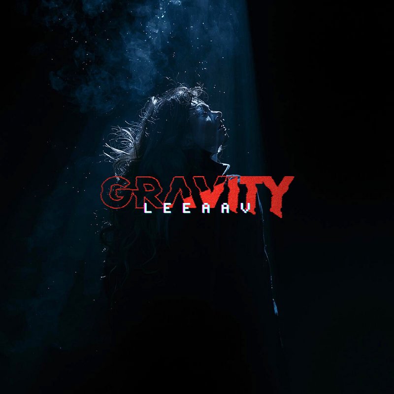 "Album cover for Leeav's 'Gravity', featuring a silhouetted woman under a blue spotlight, with gl...