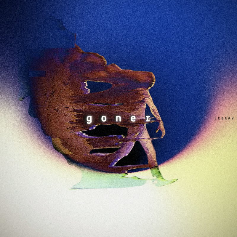 Glitch art album cover for 'goner' showing a fragmented distorted 3D human face on a grainy gradient background
